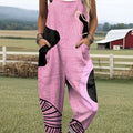 Women's Irregular Pink Line Polka Dot Print Casual 100% Cotton Wide Leg Jumpsuit