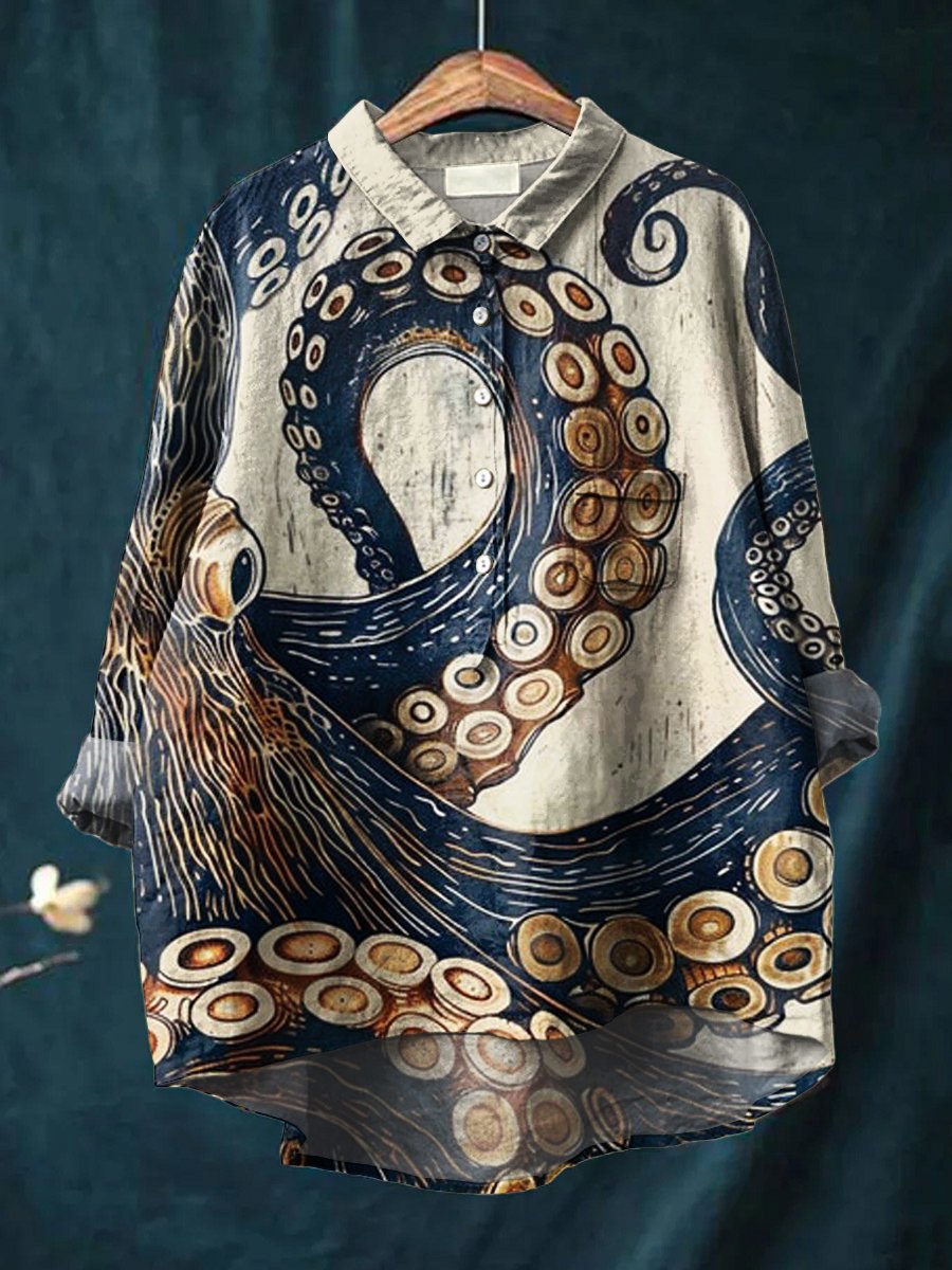Women's Blue-gold Octopus Print Casual Cotton And Linen Shirt