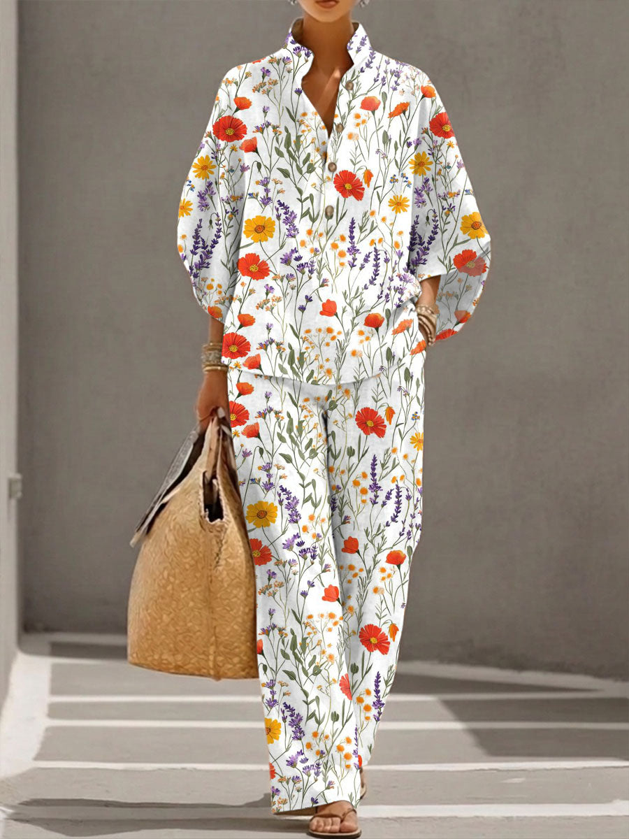 Women's Floral Print Casual Cotton-linen Two-piece Set