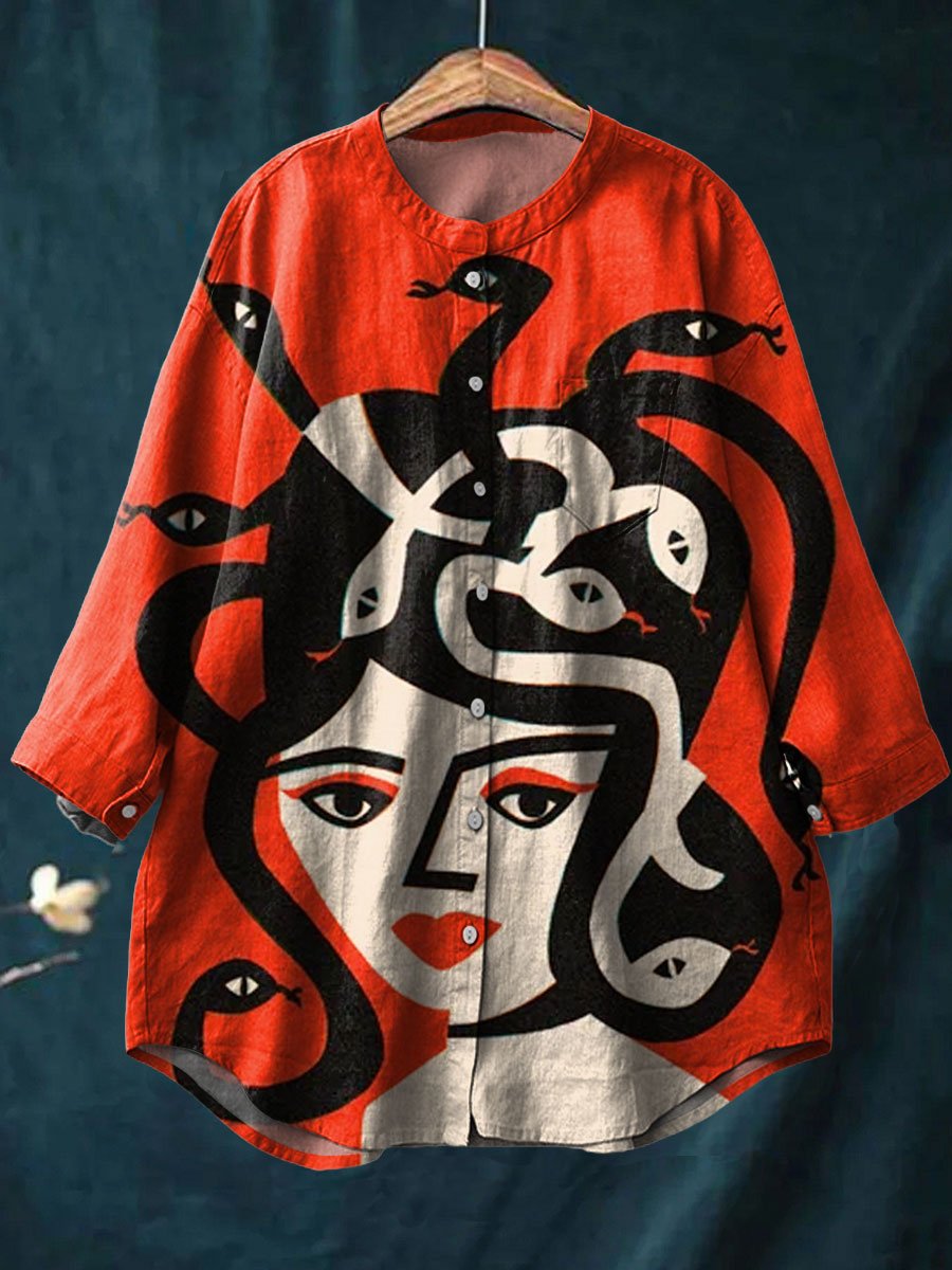 Women's Medusa Art Print Casual Cotton And Linen Shirt