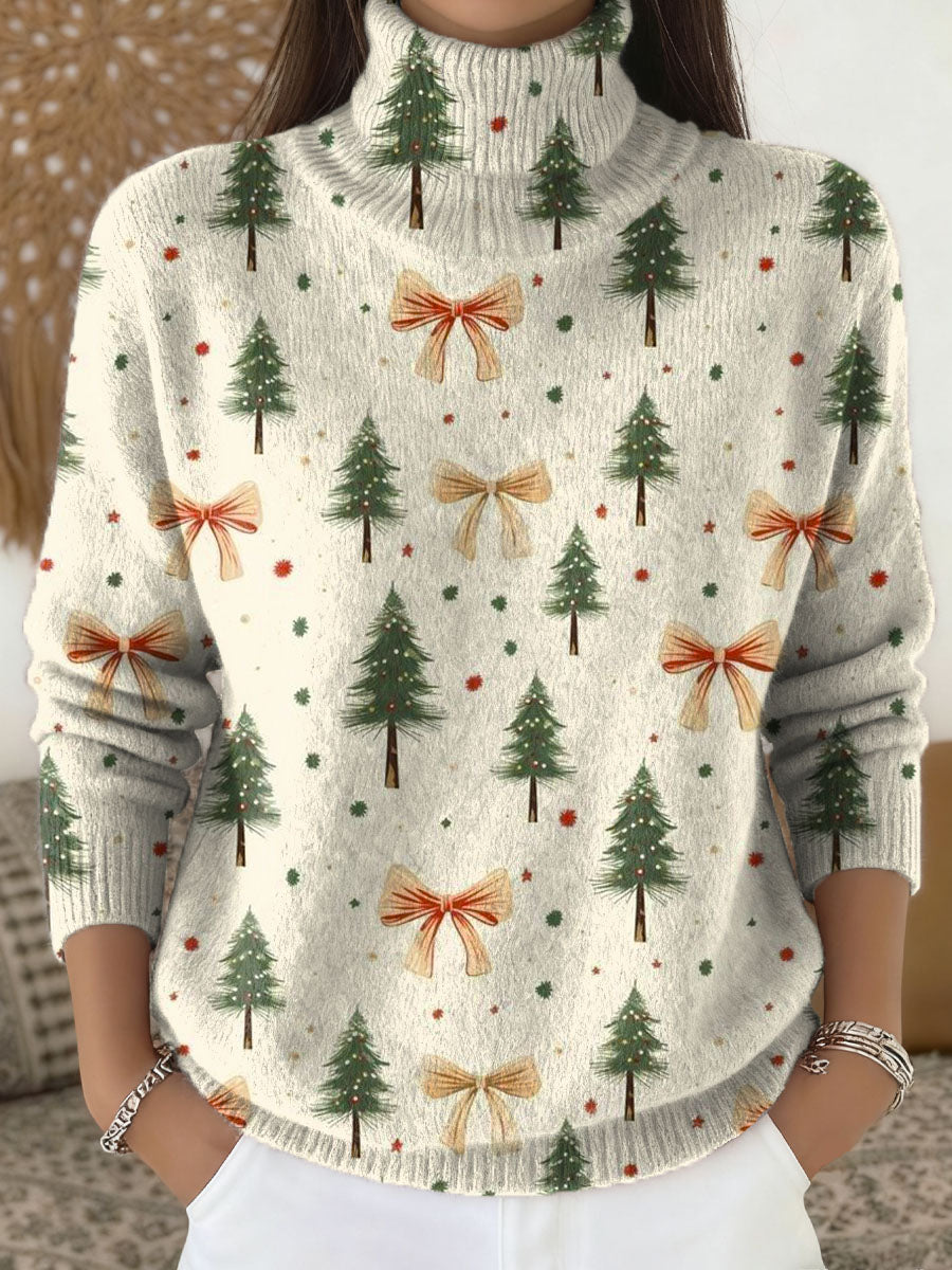 Women's Christmas Tree Pattern Art Print Knit Turtleneck Pullover Sweater