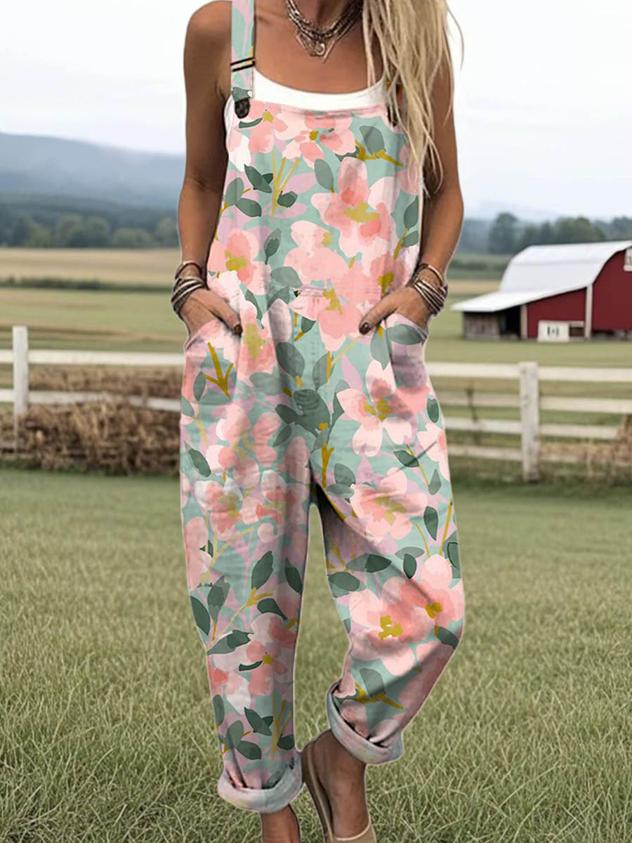 Women's Floral Art Print Casual 100% Cotton Wide Leg Jumpsuit