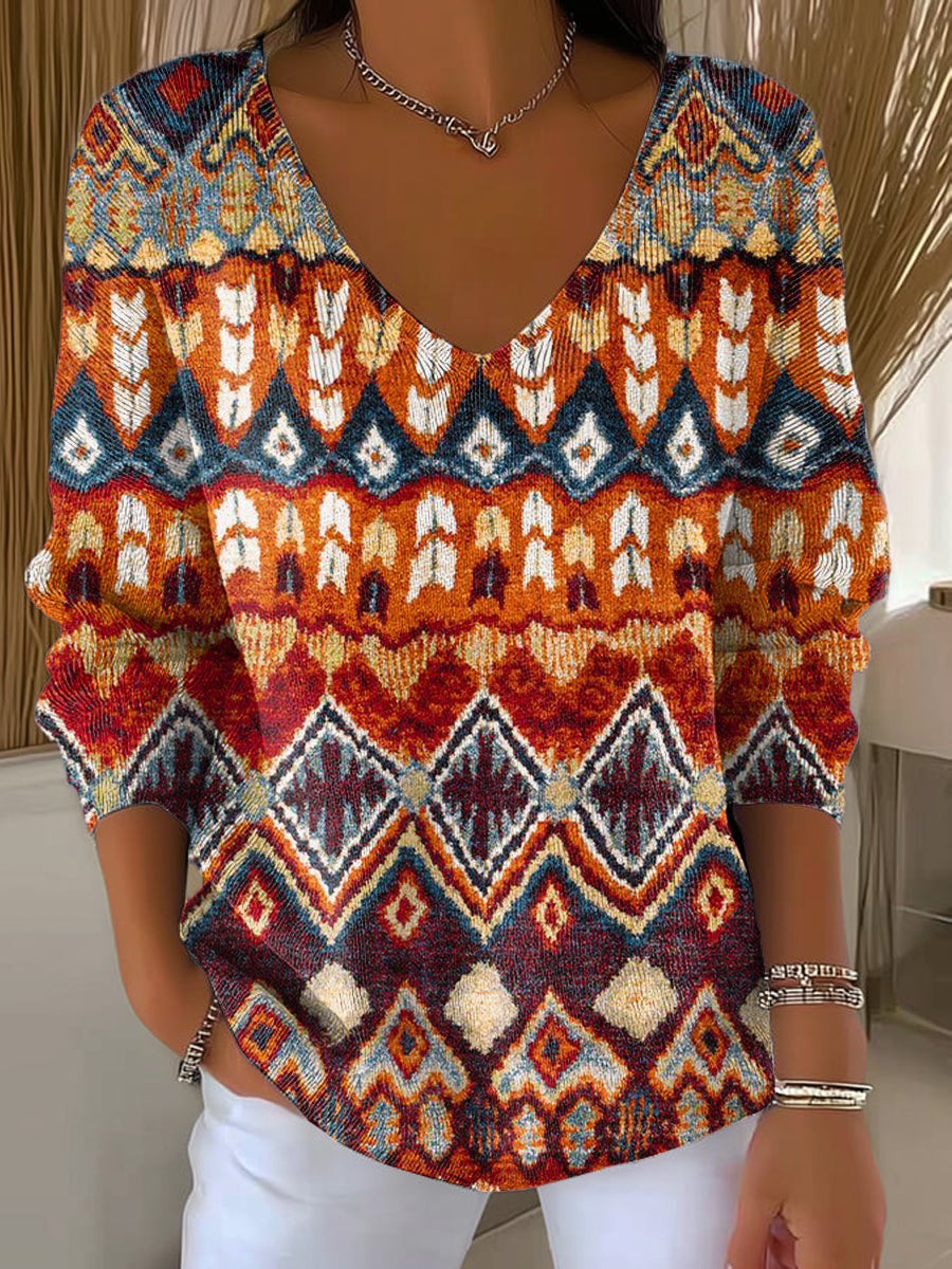 Women's Vintage Abstract Rhombus Geometric Painting Art Print Casual Pullover Sweater