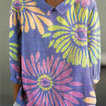 Women's Flowers Print Casual Cotton And Linen 3/4 Sleeve Shirt