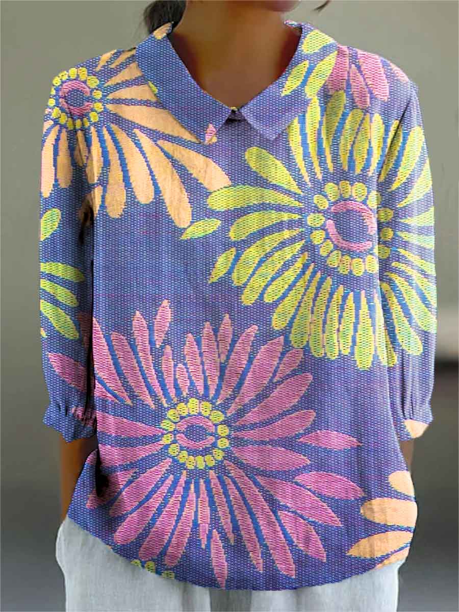 Women's Flowers Print Casual Cotton And Linen 3/4 Sleeve Shirt