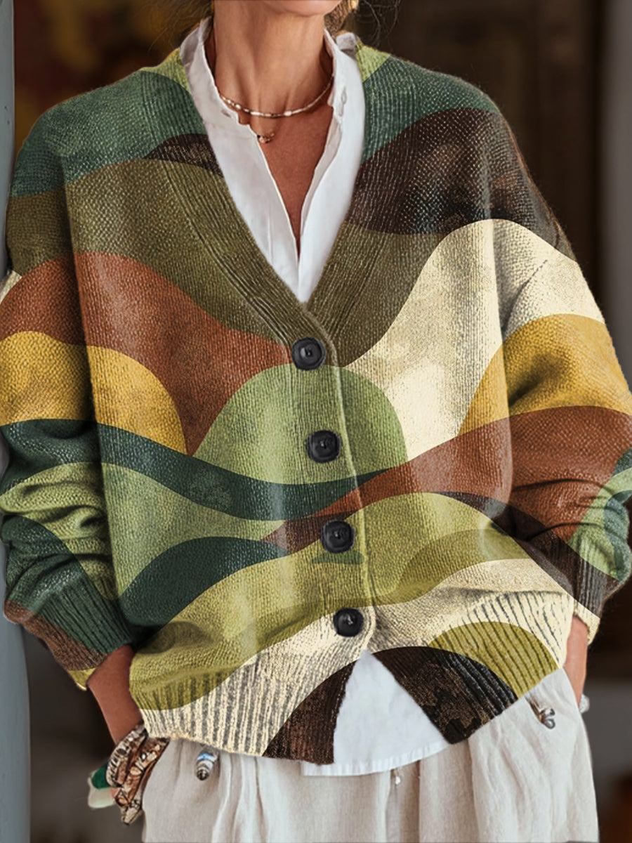 vintage-multicolor-wave-painting-art-print-buttoned-v-neck-cardigan-sweater