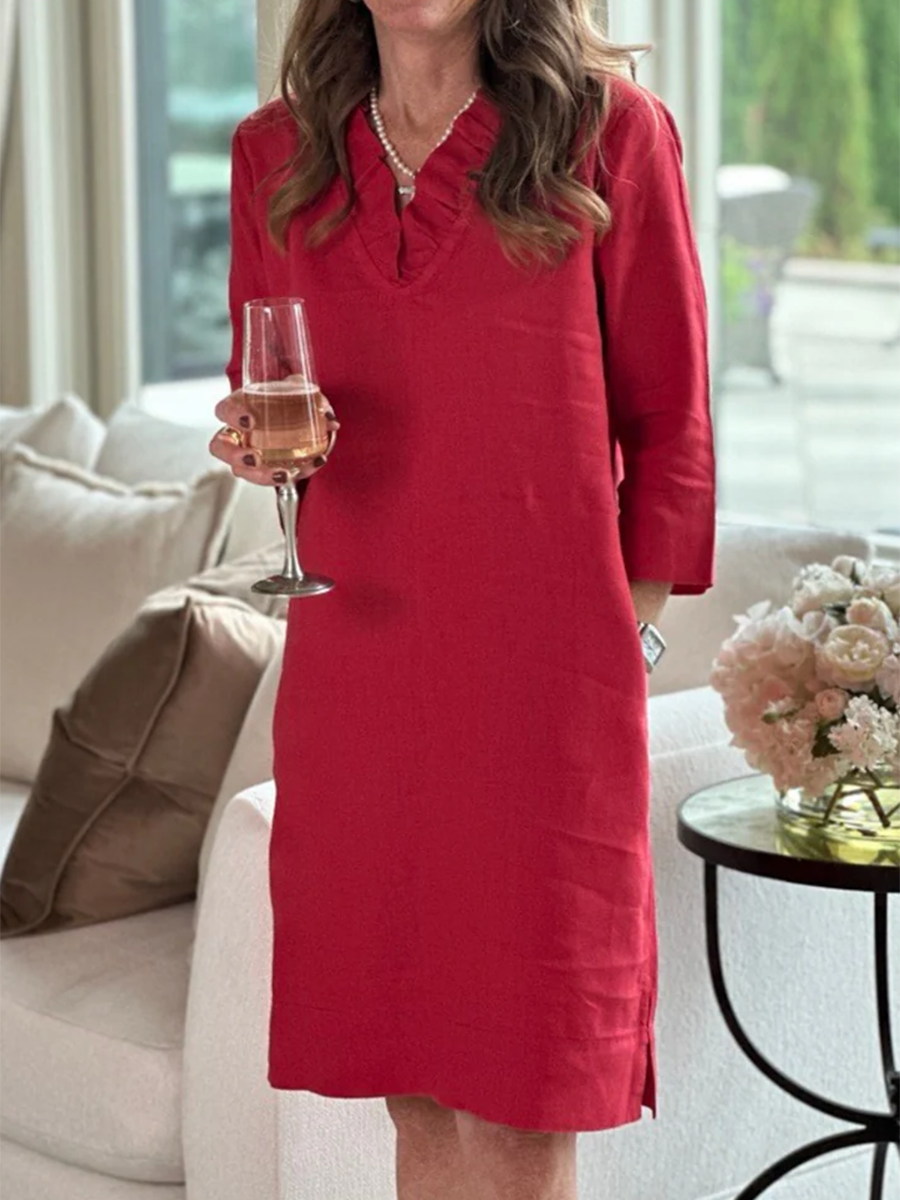 Women's Solid Color Lace V-neck Linen Dress