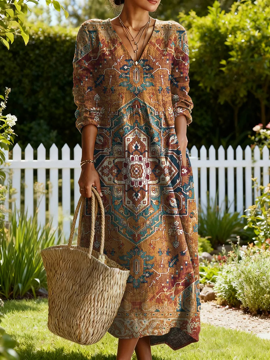 Women's Vintage Flower Art Print Linen Pocket Tunic Dress