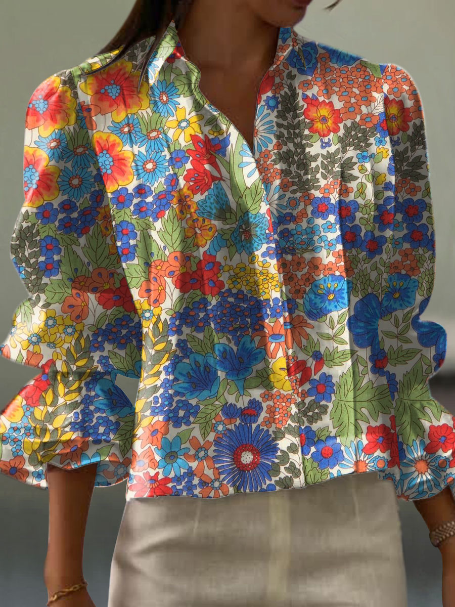 Women's  Vintage Flower Art Print Casual  Cotton And Linen Shirt
