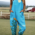 Women's Vintage Flower Art Print Casual 100% Cotton Wide Leg Jumpsuit