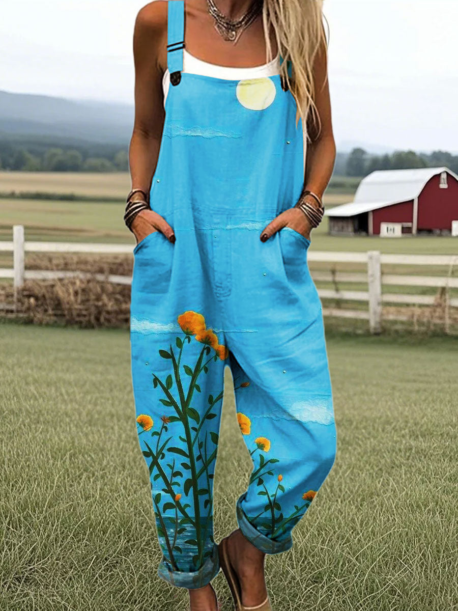 Women's Vintage Flower Art Print Casual 100% Cotton Wide Leg Jumpsuit