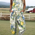 Women's Vintage Floral Birds Art Print Casual 100% Cotton Wide Leg Jumpsuit