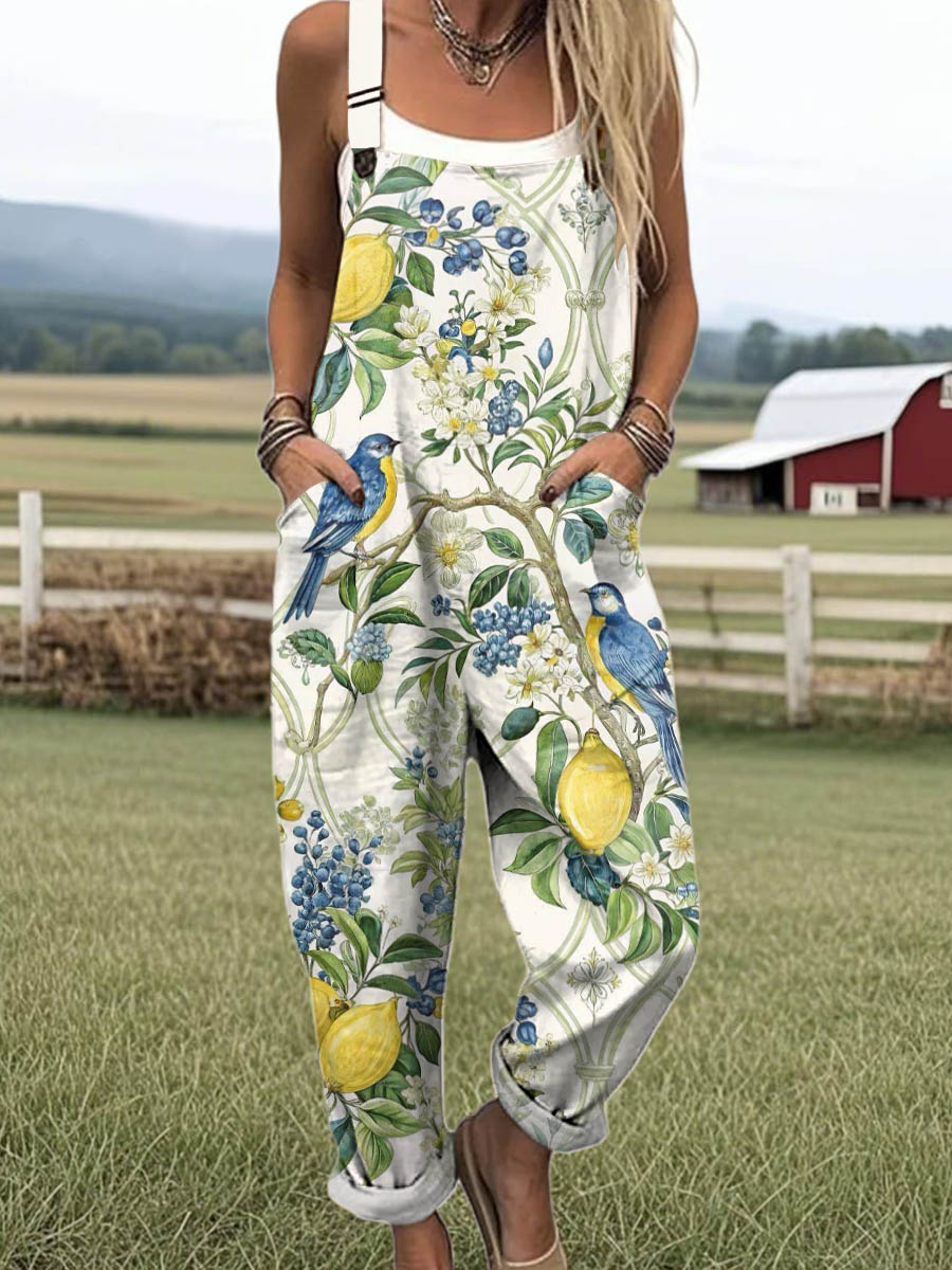 Women's Vintage Floral Birds Art Print Casual 100% Cotton Wide Leg Jumpsuit