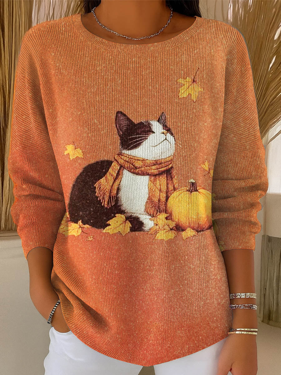 womens-lovely-autumn-cat-art-print-casual-pullover-sweater