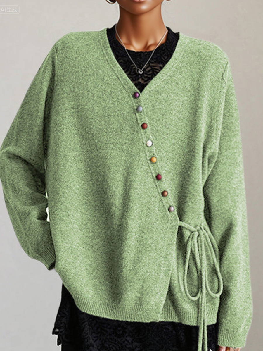 Women's Colorful Button Wool Lace-Up Sweater