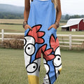Women's Funny Chicken Pattern Art Print Casual 100% Cotton Wide Leg Jumpsuit