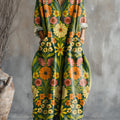 Robe en coton à col en V et poches, imprimé floral vintage pour femme 