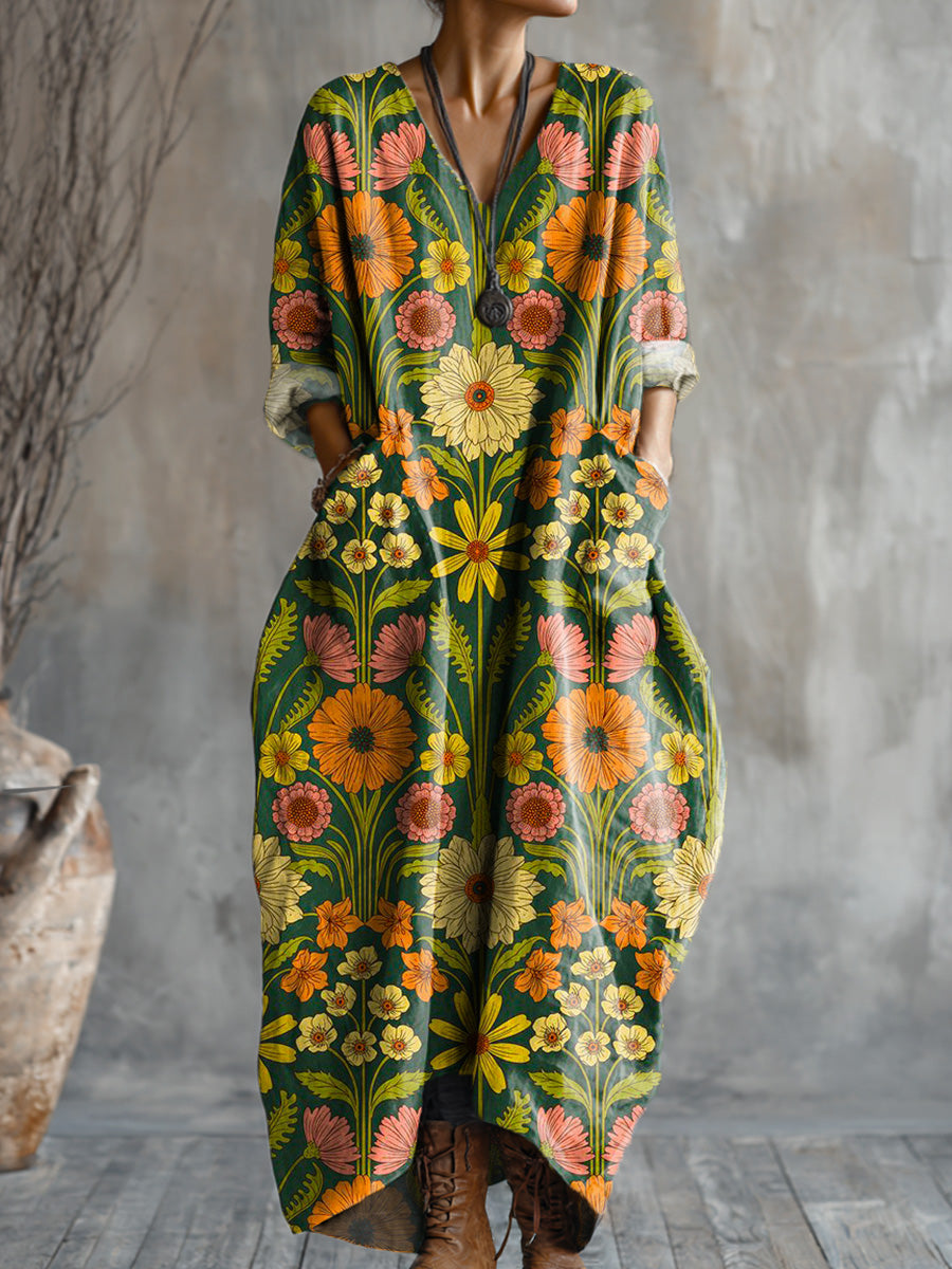 Women's Vintage Beautiful Floral Art Print Pocket V-neck Cotton Dress