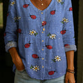 Women's Fun Ladybug And Flower Decorative Pattern Casual Cotton Linen Shirt