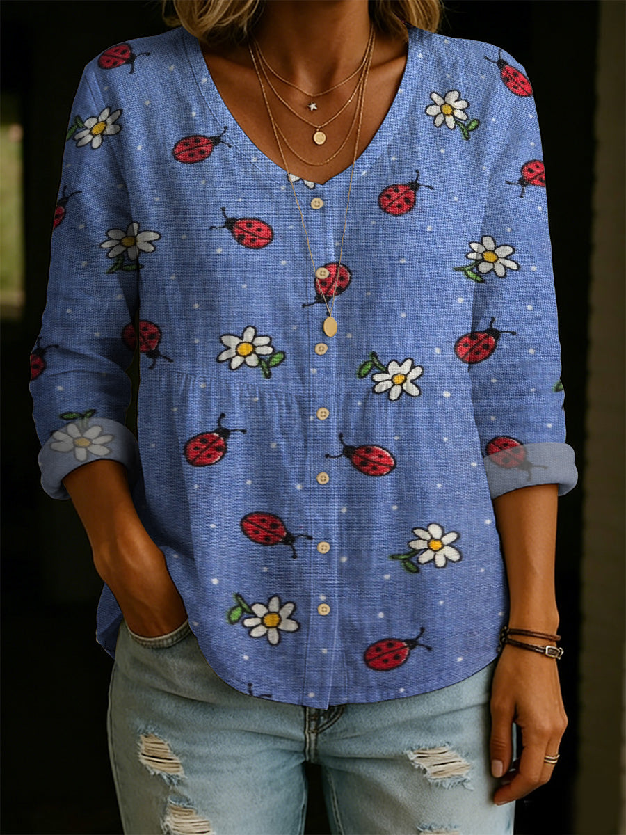 Women's Fun Ladybug And Flower Decorative Pattern Casual Cotton Linen Shirt