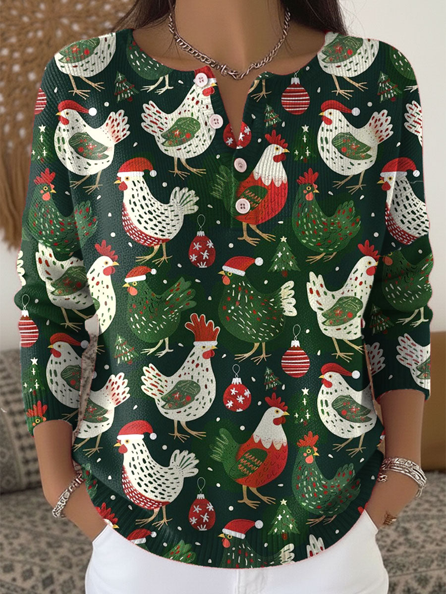 Vintage Christmas Chicken Art Print Buttoned Cardigan Sweater