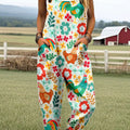 Women's Vintage Funny Farm Chicken Art Print Casual 100% Cotton Wide Leg Jumpsuit