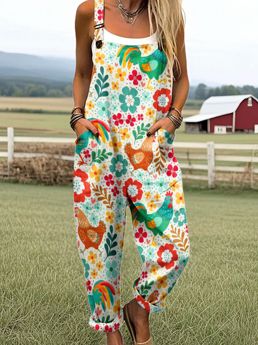 Women's Vintage Funny Farm Chicken Art Print Casual 100% Cotton Wide Leg Jumpsuit