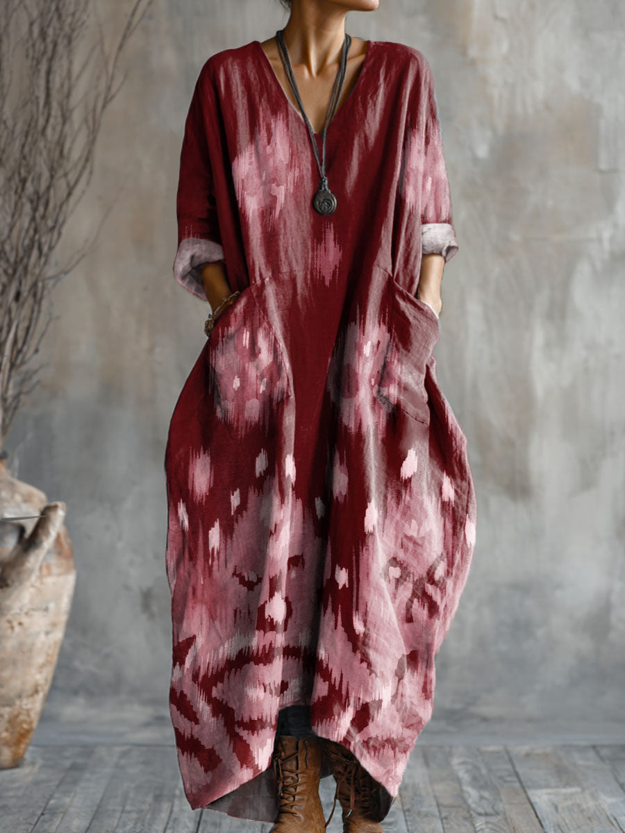 Women's Red Overlay Art Pattern Print Pocket V-neck Cotton Dress