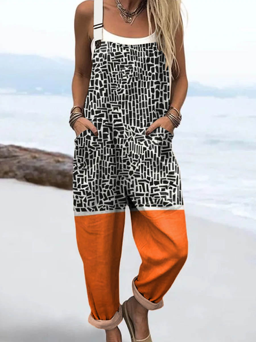 Women's Abstract Geometric Pattern Art Print Casual 100% Cotton Wide Leg Jumpsuit