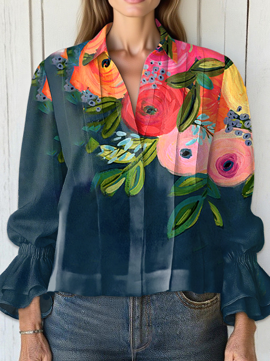 Women's  Vintage Flower Art Print Casual  Cotton And Linen Shirt