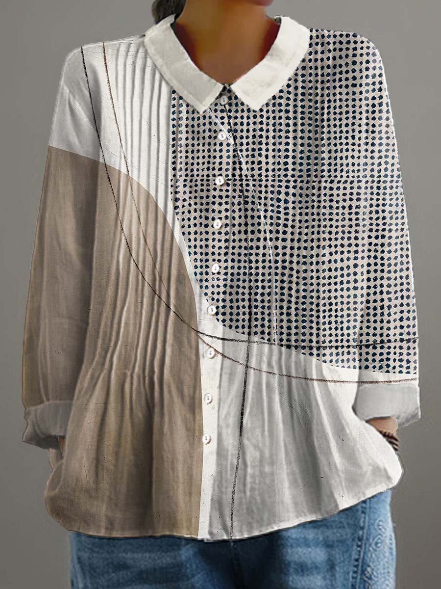 Women's Geometric Pattern Art Print Casual Cotton And Linen Ruffle Shirt