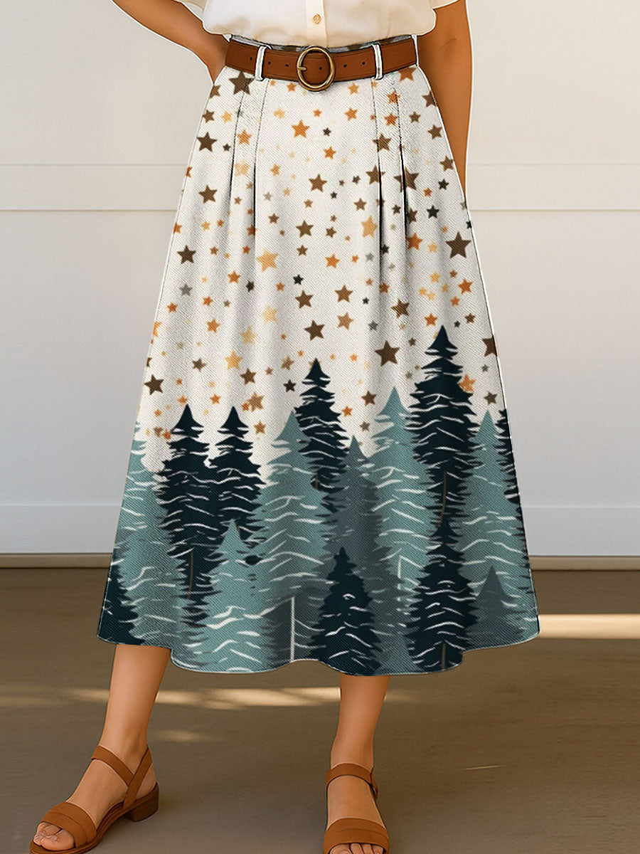 Women's Stars Christmas Tree Pattern Print Casual Cotton Skirt