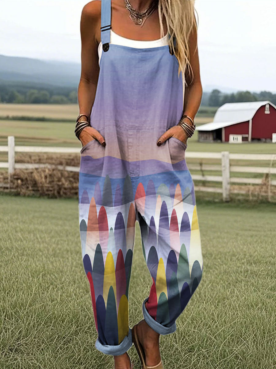 Women's Colorful Abstract Forest Art Pattern Print Casual 100% Cotton Jumpsuit