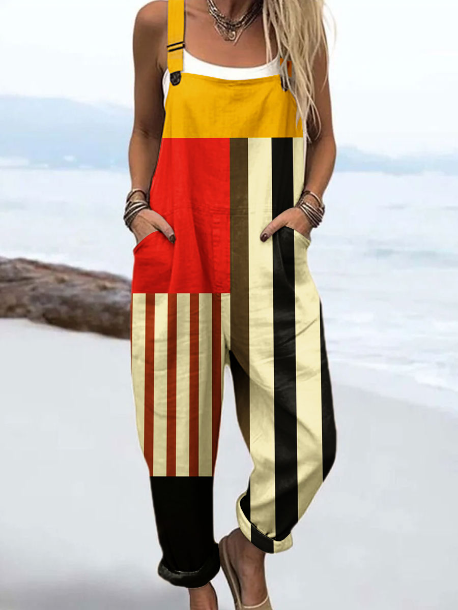 Women's Vintage Abstract Geometric Line Art Print Casual 100% Cotton Wide Leg Jumpsuit