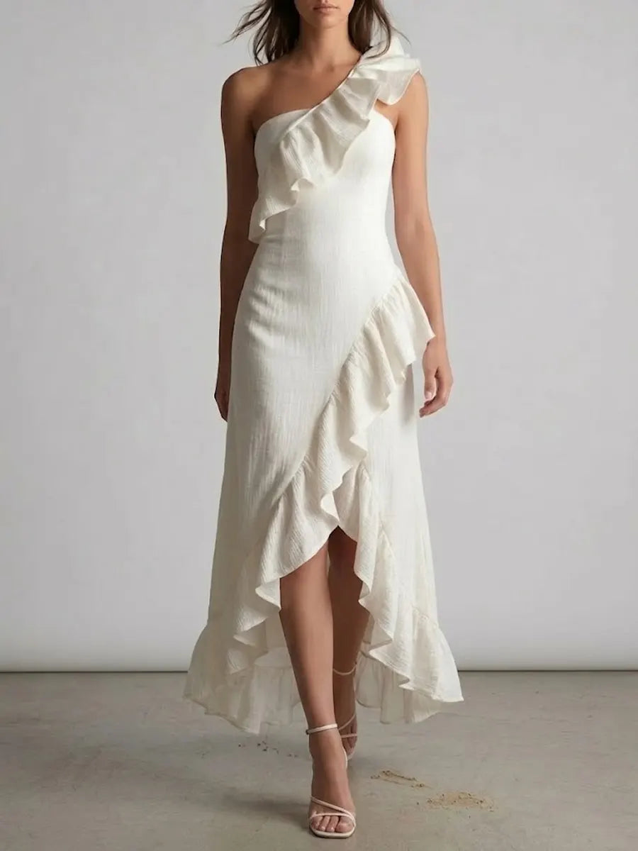 Women's Elegant Lace-trimmed One-shoulder Cotton Linen Dress