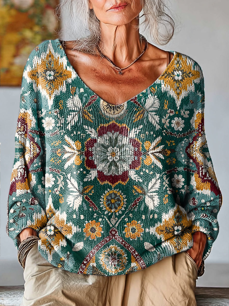 womens-vintage-ethnic-geometric-floral-art-print-casual-pullover-sweater