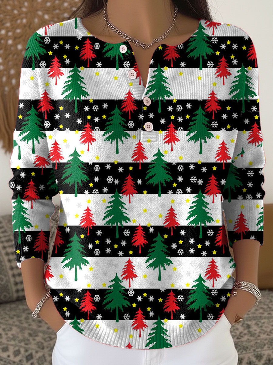 Vintage Christmas Tree Art Print Buttoned Cardigan Sweater