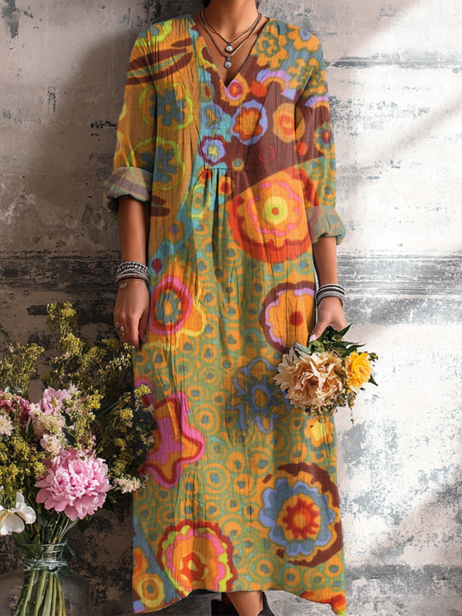 Women's Beautiful Vintage Ethnic Floral Painting Art Print Dress