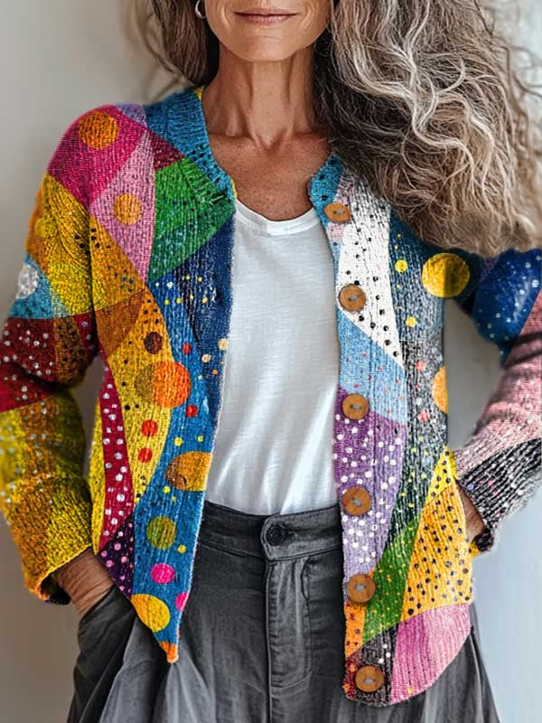 Women's Abstract Geometric Pattern Art Print Buttoned Cardigan Sweater