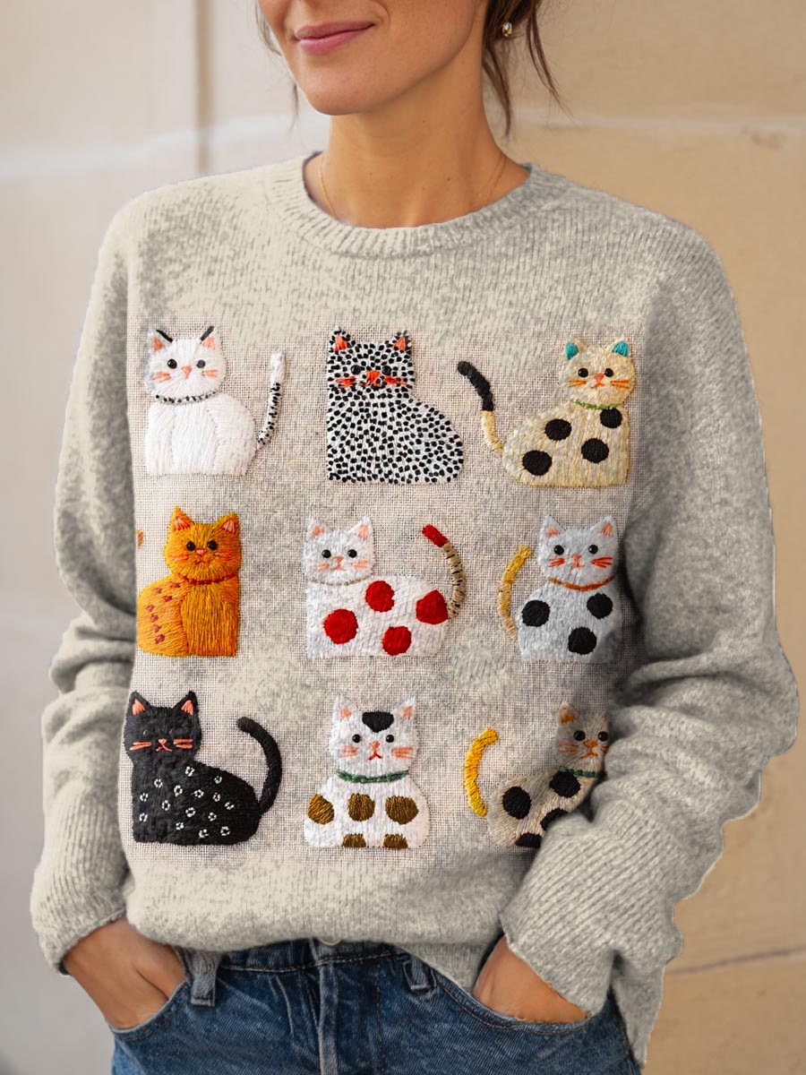 womens-lovely-cats-art-print-knit-pullover-sweater