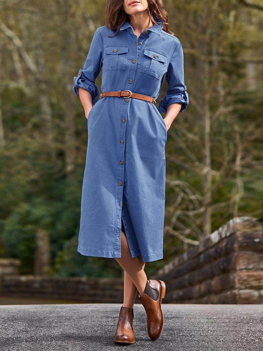 Women's Solid Color Lapel Long Sleeve Casual Loose Cotton Shirt Dress