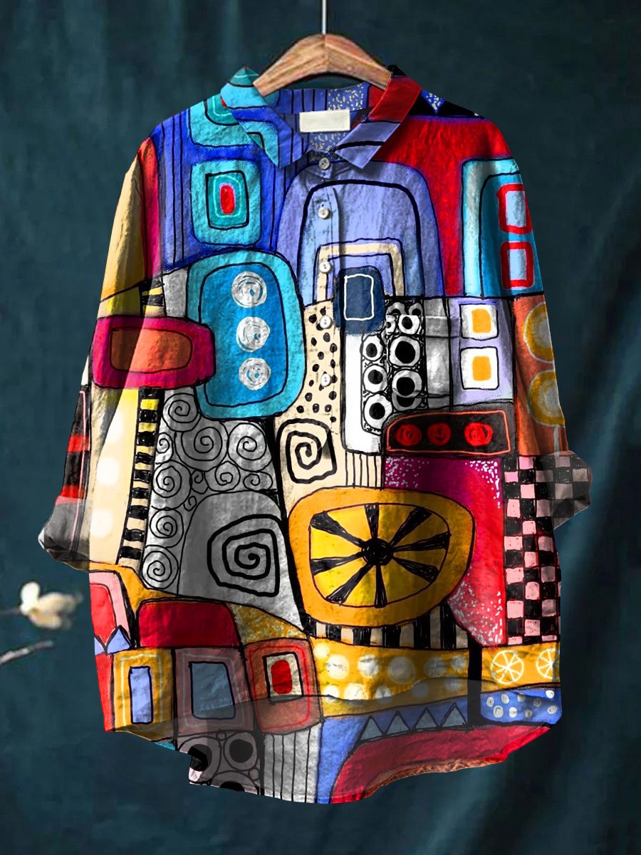 Abstrct Art Printed Women's Casual Cotton And Linen Shirt