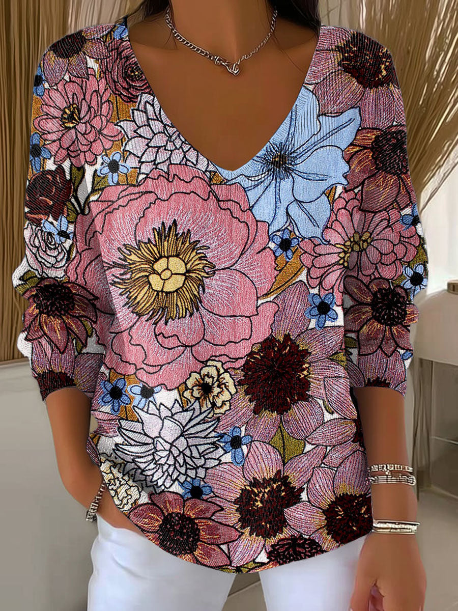 Women's Vintage Floral Art Print Casual Pullover Sweater