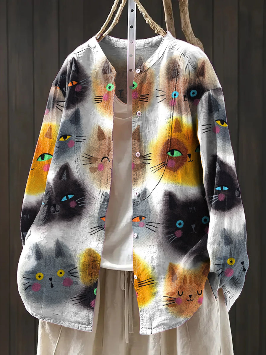 Women's Beautiful Colorful Cute Cat Portrait Art Print Casual Cotton And Linen Shirt