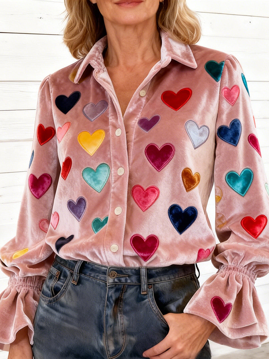 Women's Colorful Heart-print Casual Velvet Valentine's Day Shirt