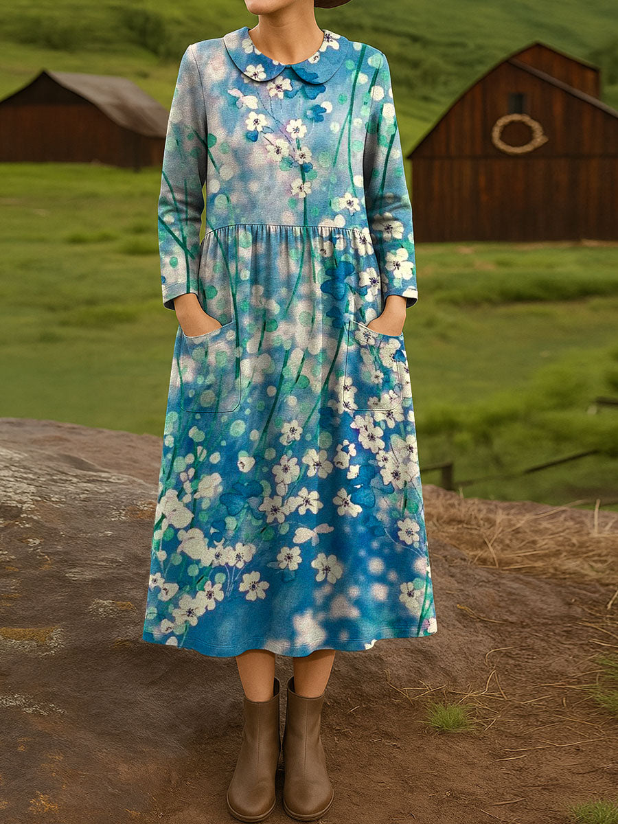 Women's Retro Flowers Pattern Art Print Cotton Lapel Button-Down Shirt Dress