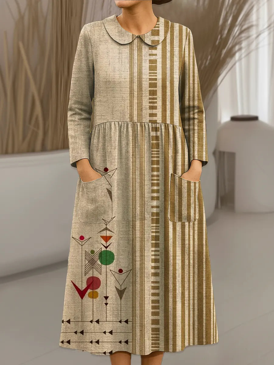 Women's Vintage Abstract Geometry Art Print Cotton Lapel Button-Down Shirt Dress