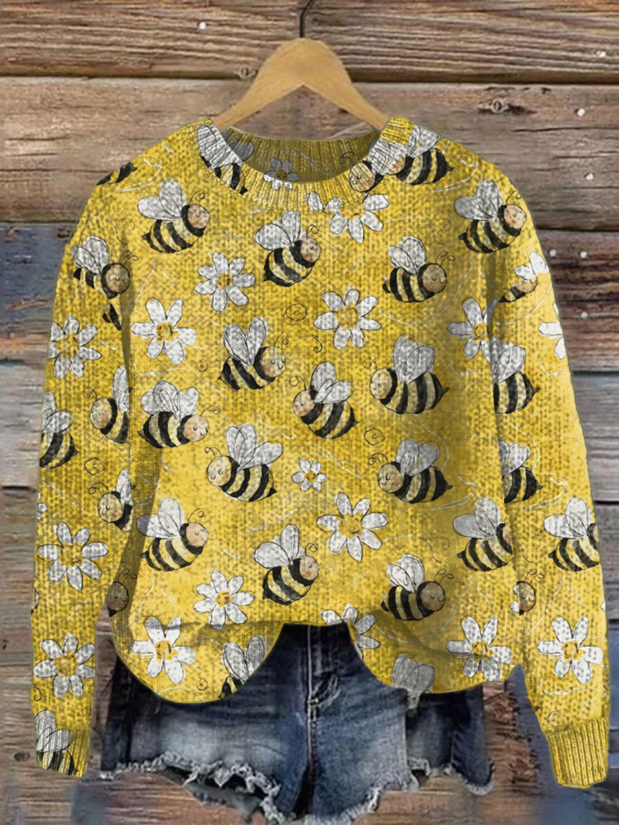 vintage-bee-floral-art-print-knit-pullover-sweater