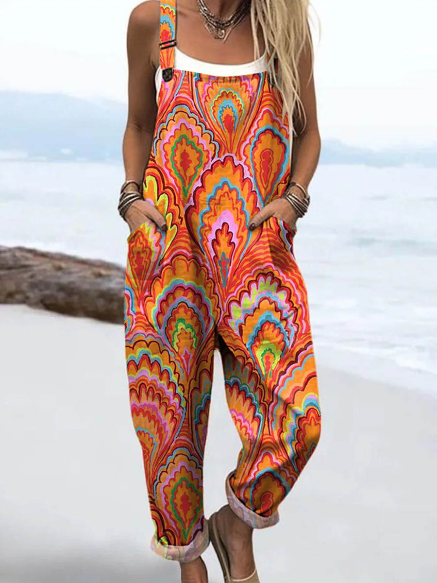 Women's Abstract Pattern Art Print Casual 100% Cotton Wide Leg Jumpsuit