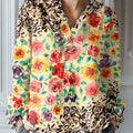 Women's Vintage Flower Art Print Casual Cotton And Linen Ruffle Shirt